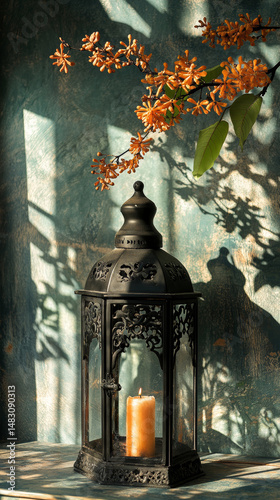 Ornate lantern with candle beneath flowering branch, casting shadows against a textured backdrop.