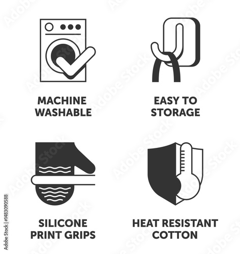 Oven mitt icons set - Heat resistant, Silicone grips, Easy to storage, Washable. in monochrome style
