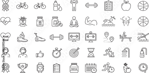 Fitness Line Editable Icons set. Vector illustration of modern thin line style icons of the components of an active lifestyle: types of physical activity, proper nutrition, and sports equipment. 