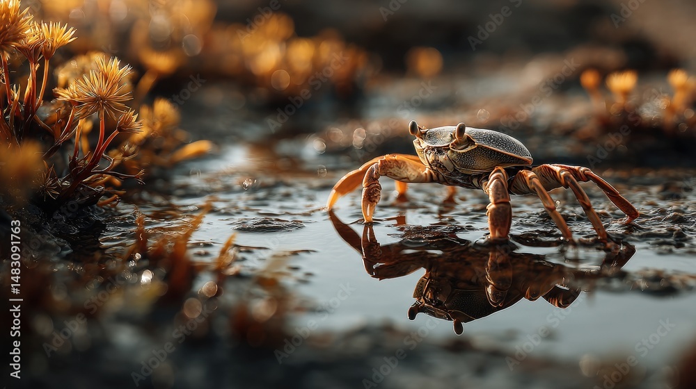 Khris crab exploring quiet bay tide pool coastal environment nature capture golden tones Khris crab exploring quiet bay tide pool coastal environment nature capture golden tones