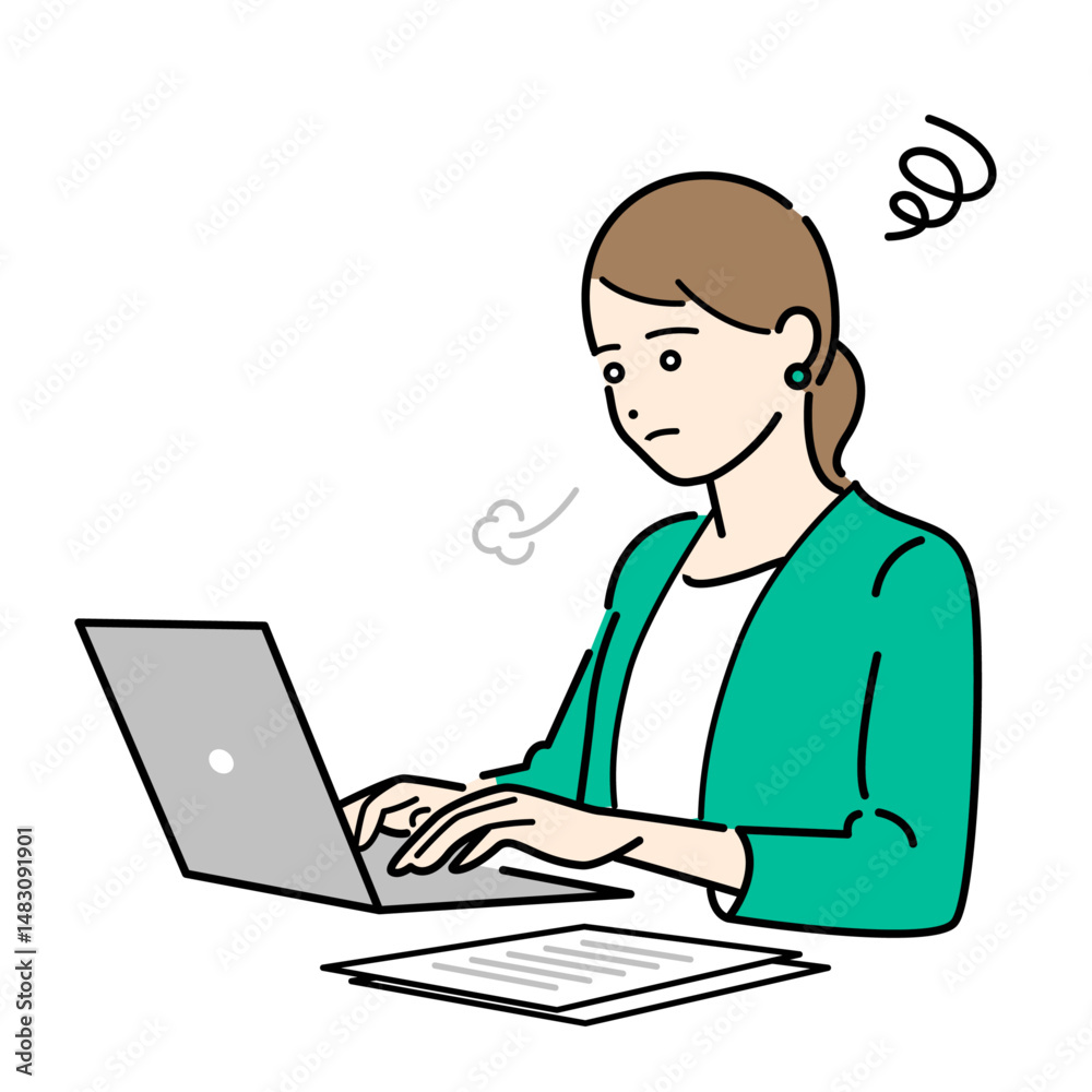 ため息をして悩む、パソコン作業中のビジネススーツ着用の女性のシンプルな上半身ベクターイラスト ため息をして悩む、パソコン作業中のビジネススーツ着用の女性のシンプルな上半身ベクターイラスト