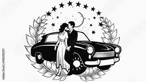 couple leaning against car under stars in retro romance silhouette..svg