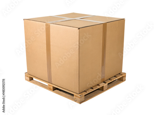 Large cardboard box secured with tape sits on a wooden pallet.