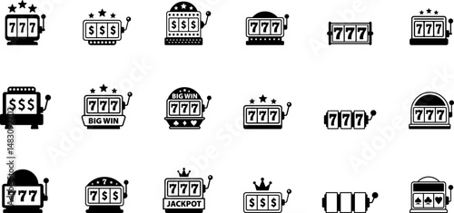 Slot machine. Jackpot poker 777 slot machine icons. Gambling fortune vector concept. Illustration of game machine, gaming casino, one arm bandit vector - jackpot slot. Lucky icons set.