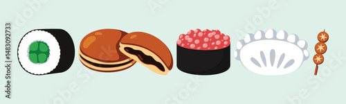 A delightful collection of Japanese culinary icons, including sushi, dorayaki, ikura and yakitori showcasing Japan's rich food culture.