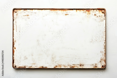 Rusty, rectangular, blank sign,  white with aged,  worn edges