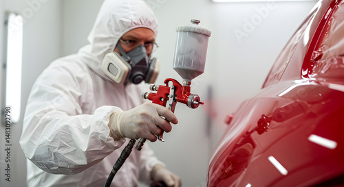 Man in White Suit Spraying Red Car with Precision in Bright Automotive Booth for Repair and Paint Service