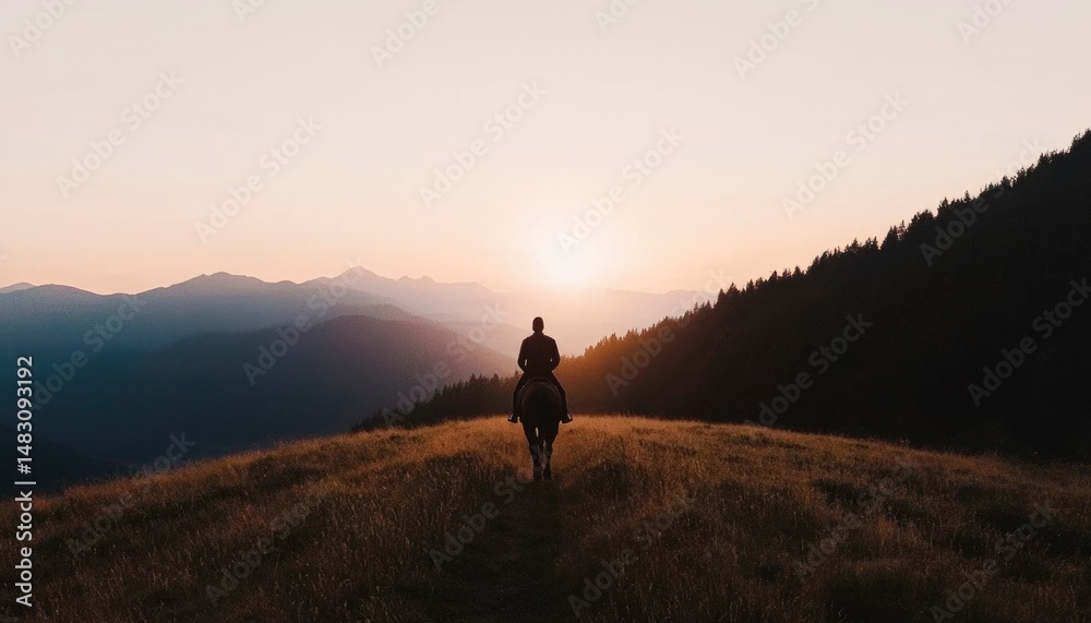 Obraz premium Silhouette rider on horse at sunset mountain