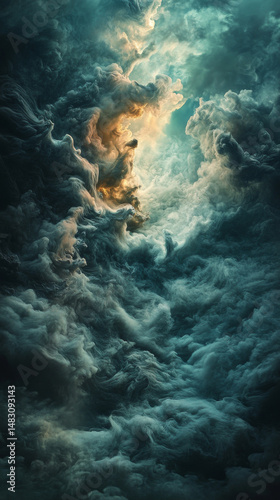 Dramatic clouds swirl and glow, a powerful display of nature's beauty, with sunlight breaking through.