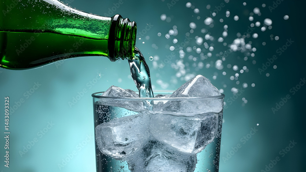Sparkling Water Being Poured from Green Glass Bottle into Tumbler with Ice Capturing Explosion of Bubbles as Carbonated Liquid Hits Ice Cubes Sparkling Water Being Poured from Green Glass Bottle into Tumbler with Ice Capturing Explosion of Bubbles as Carbonated Liquid Hits Ice Cubes