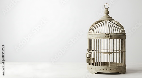 Elegant empty birdcage sits quietly on white surface bathed in soft light. AI Generated