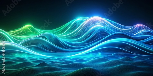Abstract Neon Ocean Waves: Blue Green Swirling Motion Depth Low Light Photography Stock Photo