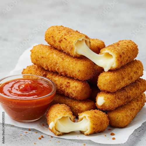 Pile of mozzarella sticks with dipping sauce