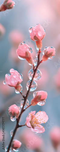 Delicate pink buds glisten with dewdrops, showcasing nature's beauty and the promise of spring.