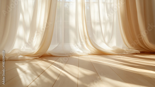 Sunlight streams through sheer curtains, casting shadows across the light wooden floor for a serene ambiance.