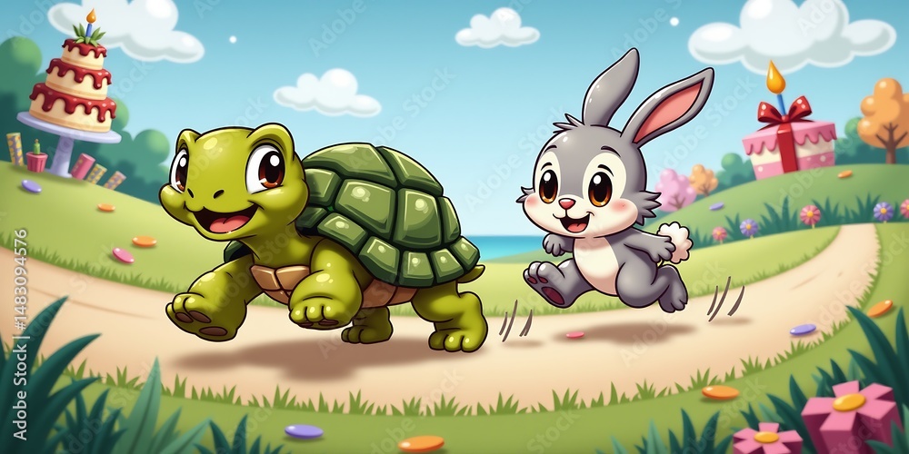 Fototapeta premium Tortoise sprints, rabbit chases; birthday card