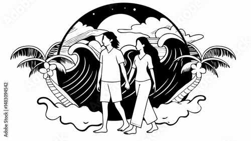 couple walking barefoot on beach with waves in silhouette style.svg