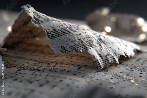 Sheet music with notes for piano, lying on a wooden table next to a pair of glasses and a cup of coffee. Morning light illuminates the scene.