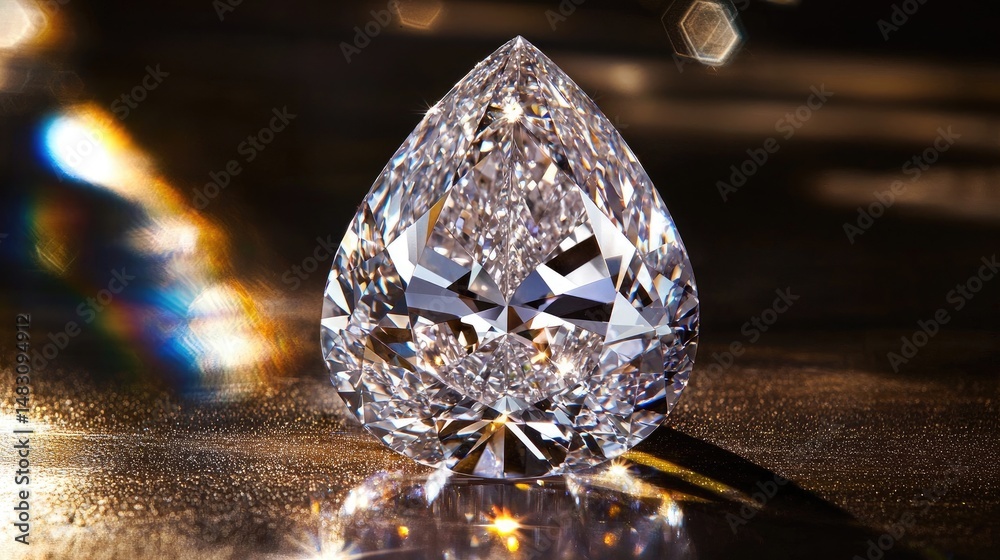 Fototapeta premium Sparkling pear-shaped precious stone on a dark surface.