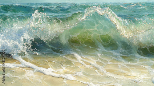 Crashing wave with foam cresting over the water and reflections on a sandy beach in a seascape painting.