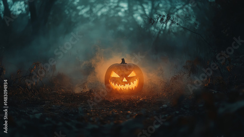 Spooky glowing jack-o'-lantern in foggy woods creates eerie Halloween atmosphere and invites trick-or-treating.