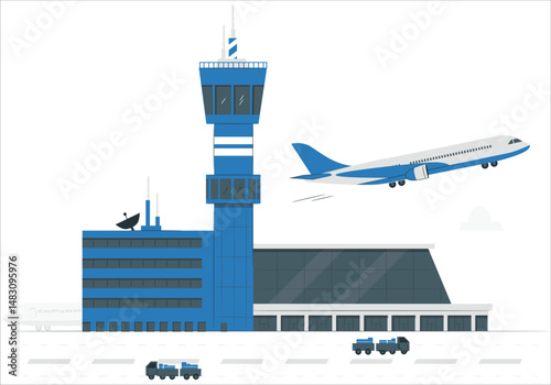 City Airport Terminal Cartoon Vector with Flying After Taking Off Airliner, Airplane Standing on Runway, Taxi and Buses Bringing Passengers to Flight . Traveling with Air Transport Concept. 1304
