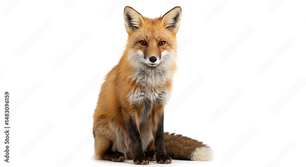 Fototapeta premium Sitting Red Fox Isolated on White Background Looking Forward