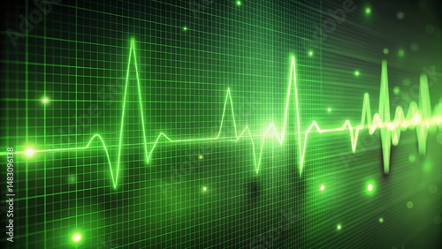 Abstract Green Digital Heartbeat Graph with Light Effects - Stock Photo