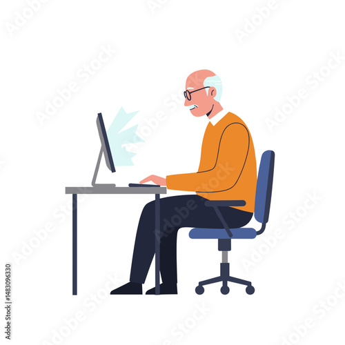 Elderly man typing on computer while sitting at desk in office setting  
