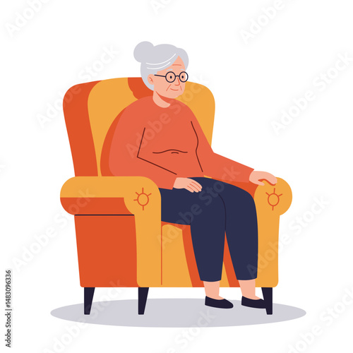 Elderly woman sitting calmly in colorful armchair at home  