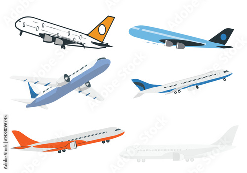 Set of cartoon airplanes side view. Retro aircraft icons vector illustration isolated on white background. Flat style set of commercial and private airplanes. Business jet light motor plane.

