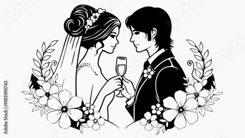 silhouette of bride and groom toasting with champagne flutes..svg