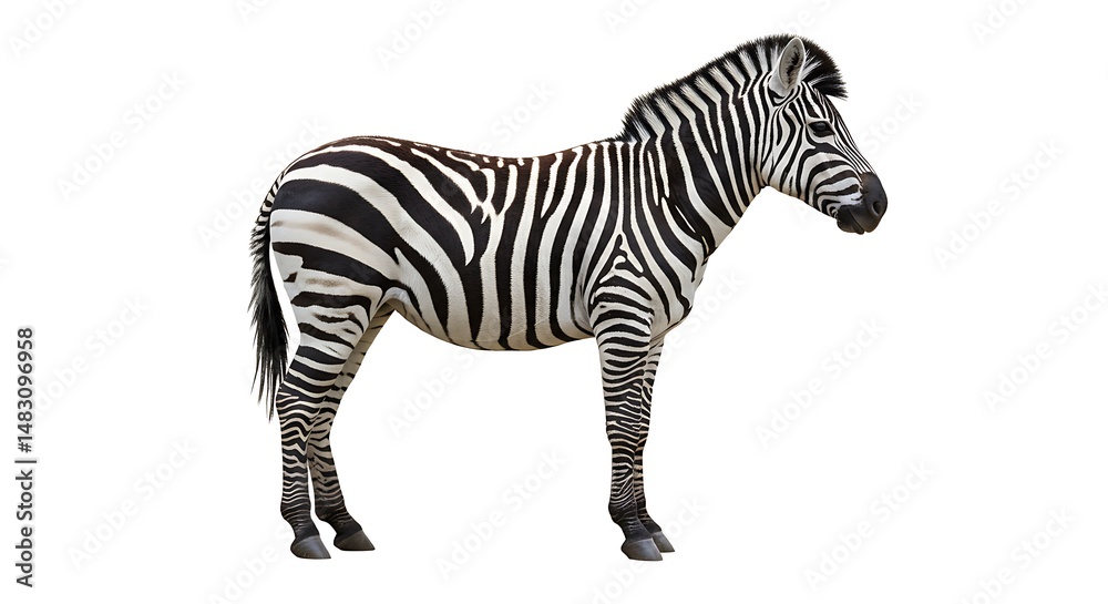 Fototapeta premium Standing Zebra Isolated on White Background in Side Profile