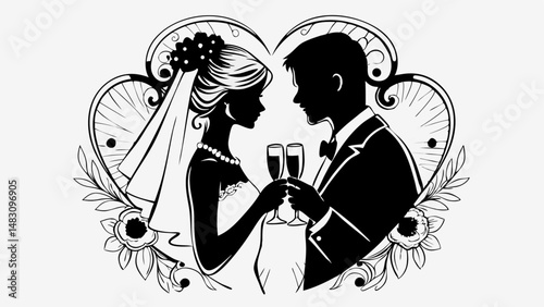 silhouette of bride and groom toasting with champagne flutes.svg