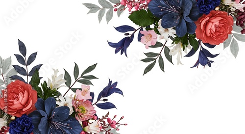 Elegant coral and navy floral border softly illuminated against white background. AI Generated