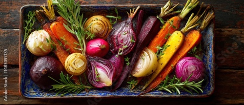 Roasted root vegetables arranged beautifully in a rustic bowl. A vibrant mix of colors and textures.