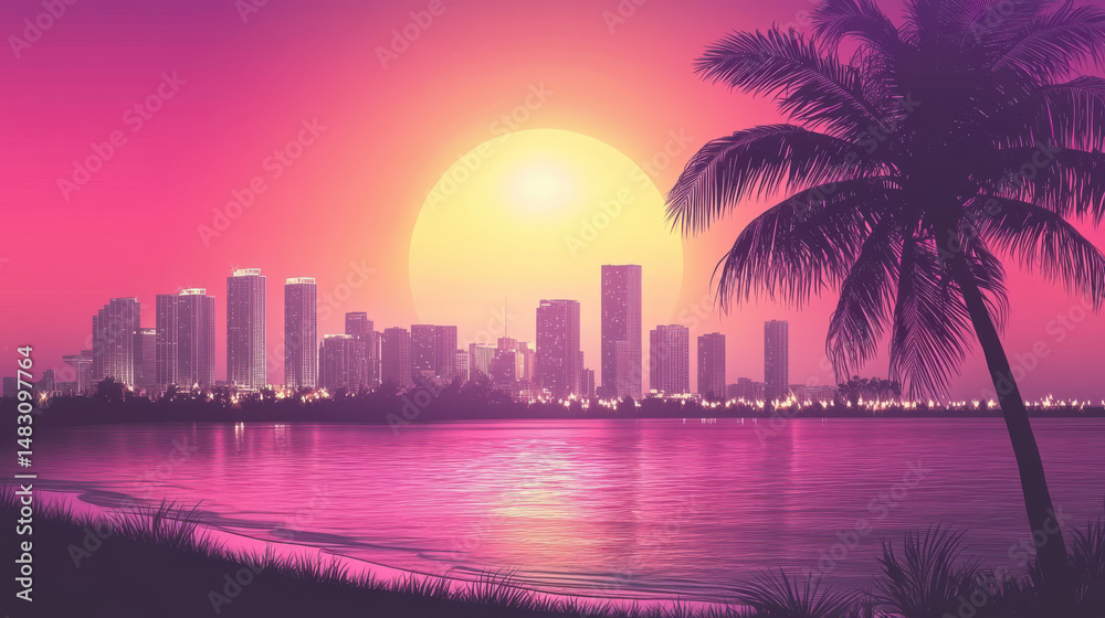 Obraz premium vibrant Miami skyline at sunset with palm trees and water reflections