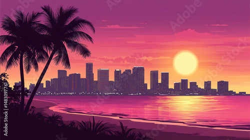 vibrant Miami skyline at sunset with palm trees and ocean waves