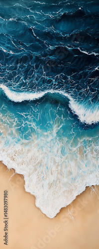 Aerial view of ocean waves meeting sandy shore, painted in a rich palette. Serene seascape art piece.