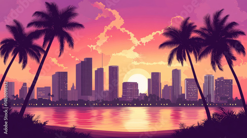 vibrant sunset over city skyline with palm trees