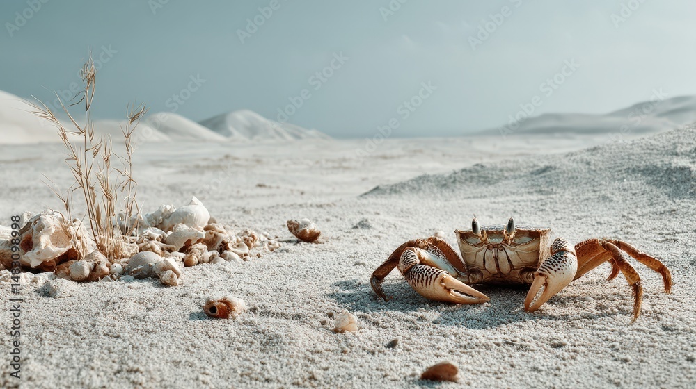 Obraz premium Crab exploring vast beach coastal landscape photography serene environment ground level minimalist composition