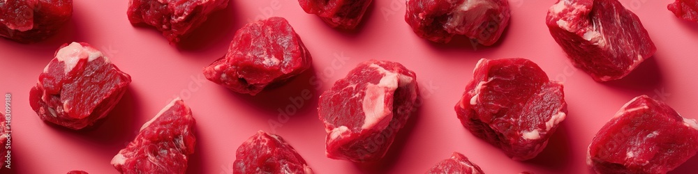 Obraz premium A close up of many pieces of meat on a pink background. The meat is cut into small pieces and arranged in a pattern. Concept of abundance and variety, as well as a focus on the meat itself