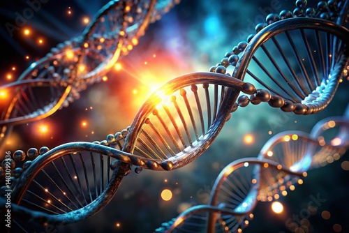 Abstract DNA Structure 3D Render, Low Light, Glowing Helix, Science Background