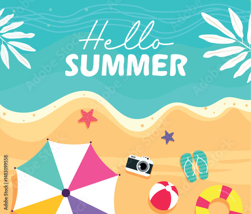 Vibrant summer beach background with umbrella, flip-flops, camera, beach ball, starfish, and sea waves. Perfect for seasonal promotions, banners, and vacation-themed designs.