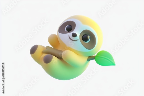 3D cartoon sloth hanging from branch with moss green and banana yellow, ultra-high-definition design, detailed with isometric view, isolated on white background.