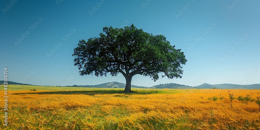 Obraz premium Majestic Oak Tree Standing Tall in a Golden Wheat Field under a Clear Blue Sky
