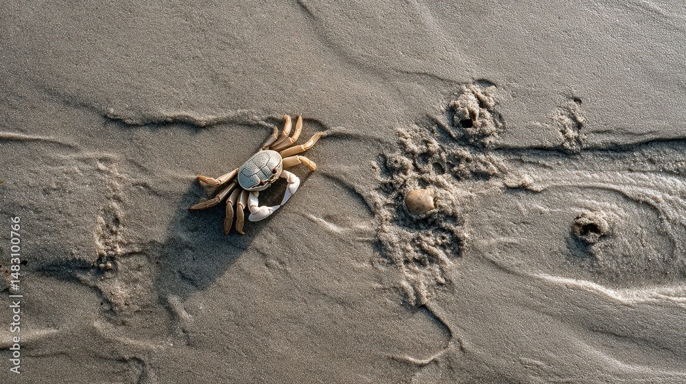 Obraz premium Khris sandcolored crab camouflaged on beach texture ocean shore wildlife photography natural landscape aerial view unique adaptation