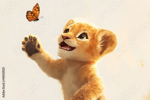 A cute lion cub reaches out its paw to touch a monarch butterfly flying in a light background