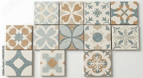 Elegant muted blue and beige patterned tiles subtly arranged. AI Generated