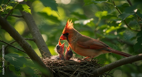 Cardinal Feeding Nestlings A Tender Moment in a Lush Green Habitat